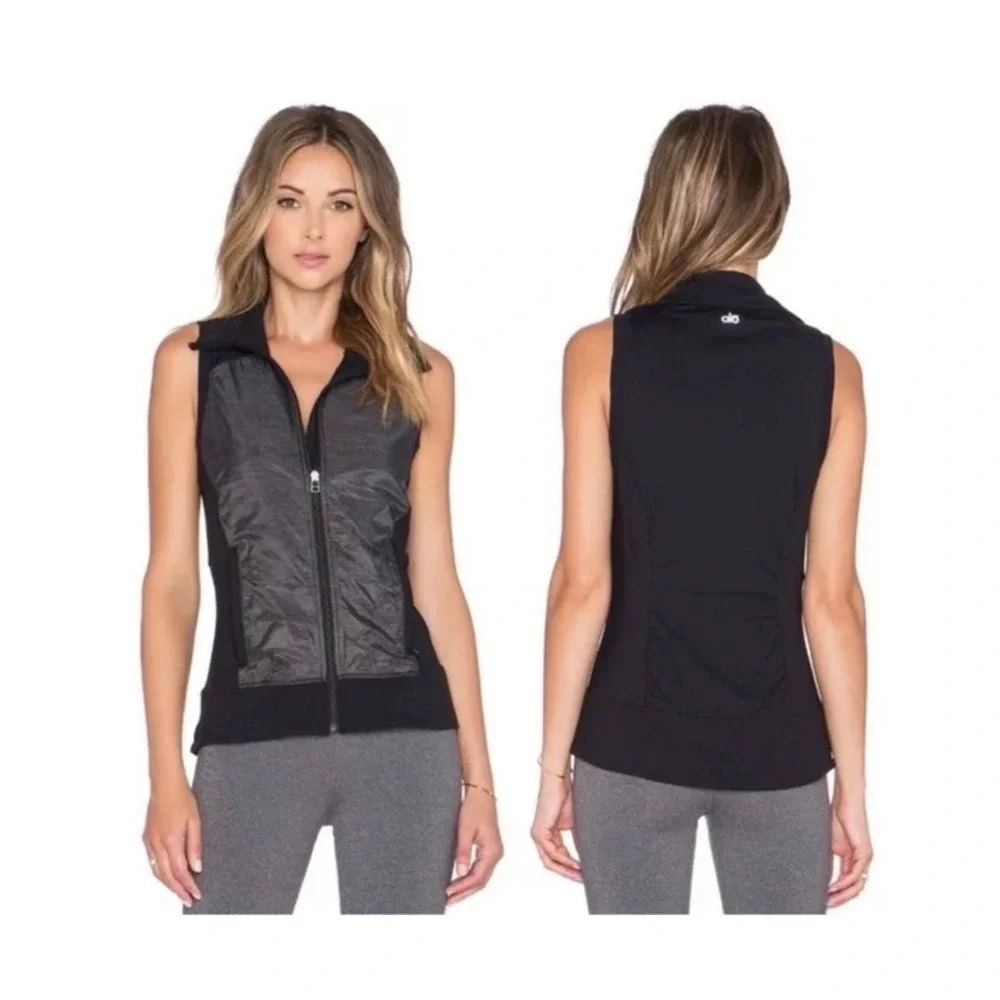 Alo Yoga Lakeside Vest Medium Black Gray Full Zip Mixed Media Activewear Vest